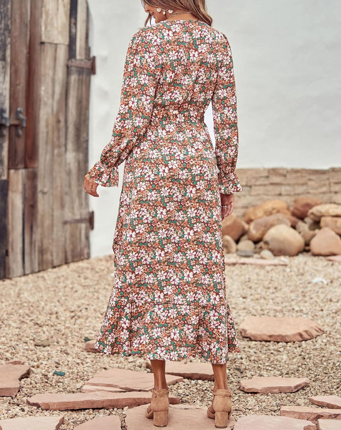 imageBTFBM Womens Dresses Fall Clothes 2025 V Neck Floral High Waist Ruffle Wedding Guest Cocktail Boho Long Sleeve DressBig Floral Brown Green