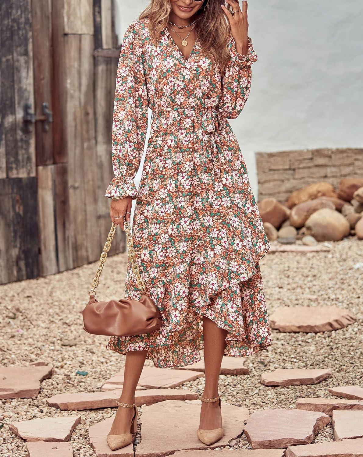 imageBTFBM Womens Dresses Fall Clothes 2025 V Neck Floral High Waist Ruffle Wedding Guest Cocktail Boho Long Sleeve DressBig Floral Brown Green