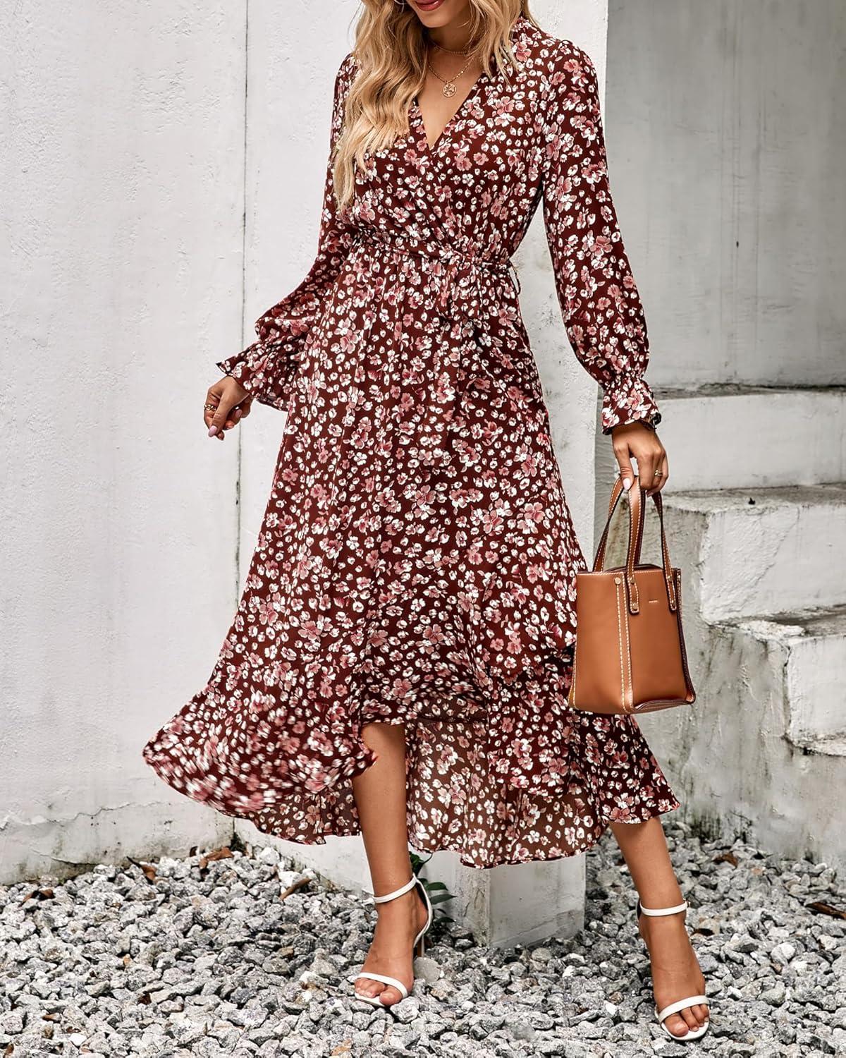 imageBTFBM Womens Dresses Fall Clothes 2025 V Neck Floral High Waist Ruffle Wedding Guest Cocktail Boho Long Sleeve DressBig Floral Wine Red