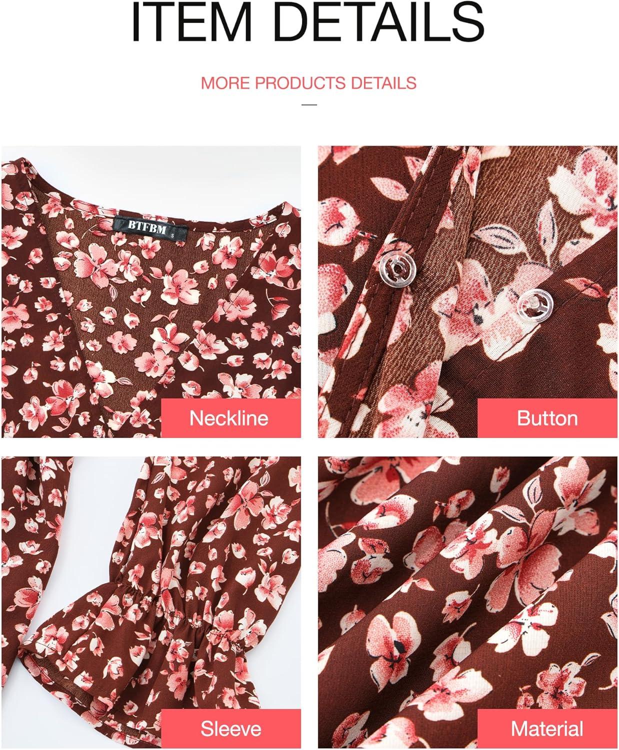 imageBTFBM Womens Dresses Fall Clothes 2025 V Neck Floral High Waist Ruffle Wedding Guest Cocktail Boho Long Sleeve DressBig Floral Wine Red