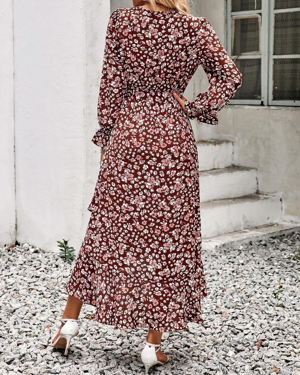 imageBTFBM Womens Dresses Fall Clothes 2025 V Neck Floral High Waist Ruffle Wedding Guest Cocktail Boho Long Sleeve DressBig Floral Wine Red