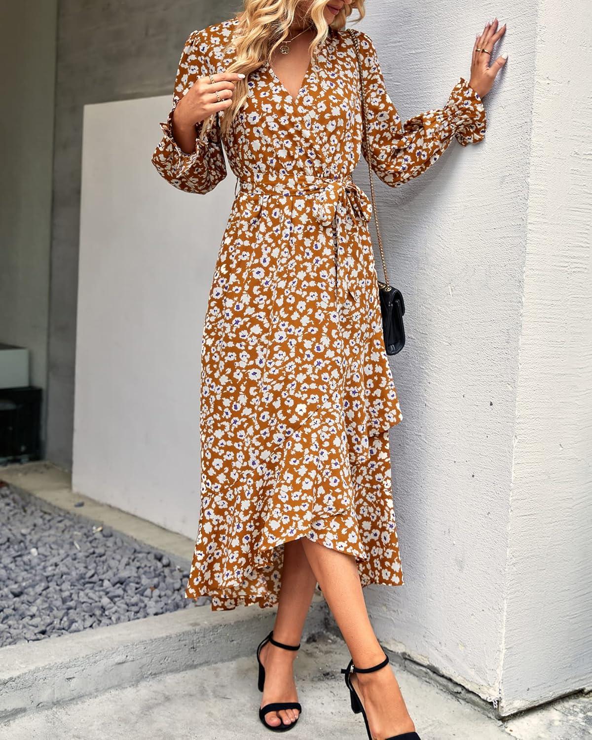 imageBTFBM Womens Dresses Fall Clothes 2025 V Neck Floral High Waist Ruffle Wedding Guest Cocktail Boho Long Sleeve DressBig Floral Yellow