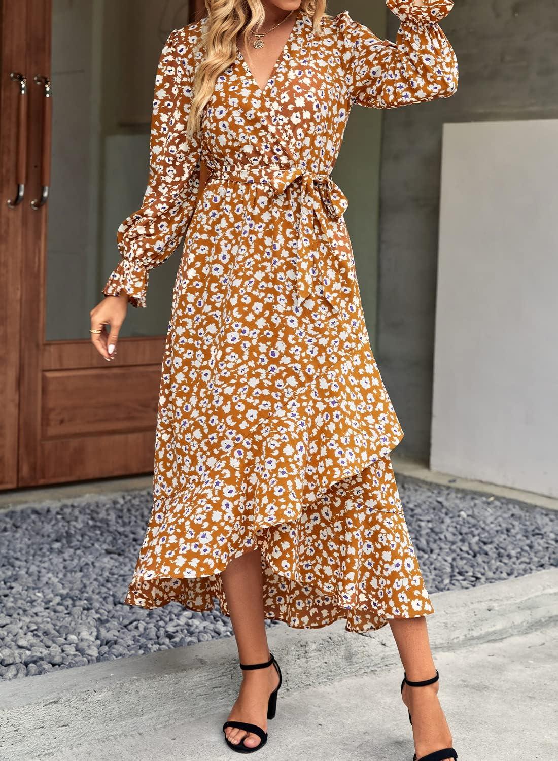 imageBTFBM Womens Dresses Fall Clothes 2025 V Neck Floral High Waist Ruffle Wedding Guest Cocktail Boho Long Sleeve DressBig Floral Yellow