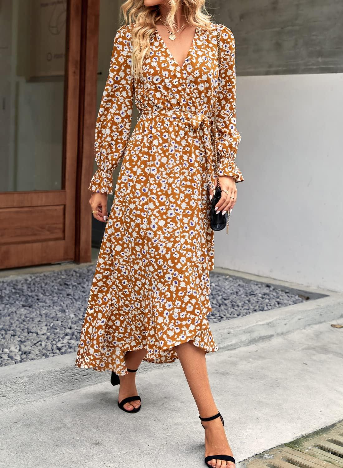 imageBTFBM Womens Dresses Fall Clothes 2025 V Neck Floral High Waist Ruffle Wedding Guest Cocktail Boho Long Sleeve DressBig Floral Yellow