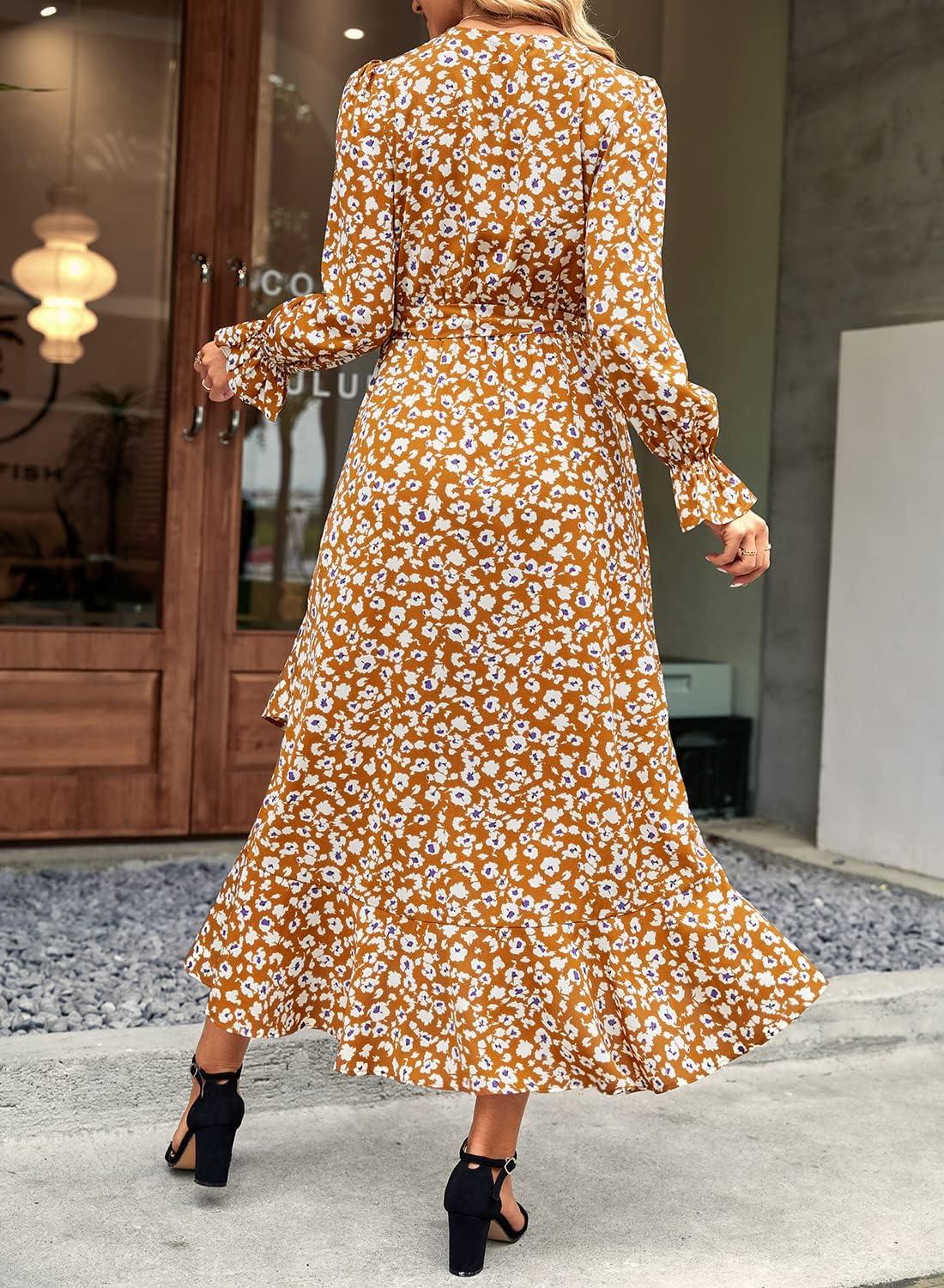 imageBTFBM Womens Dresses Fall Clothes 2025 V Neck Floral High Waist Ruffle Wedding Guest Cocktail Boho Long Sleeve DressBig Floral Yellow