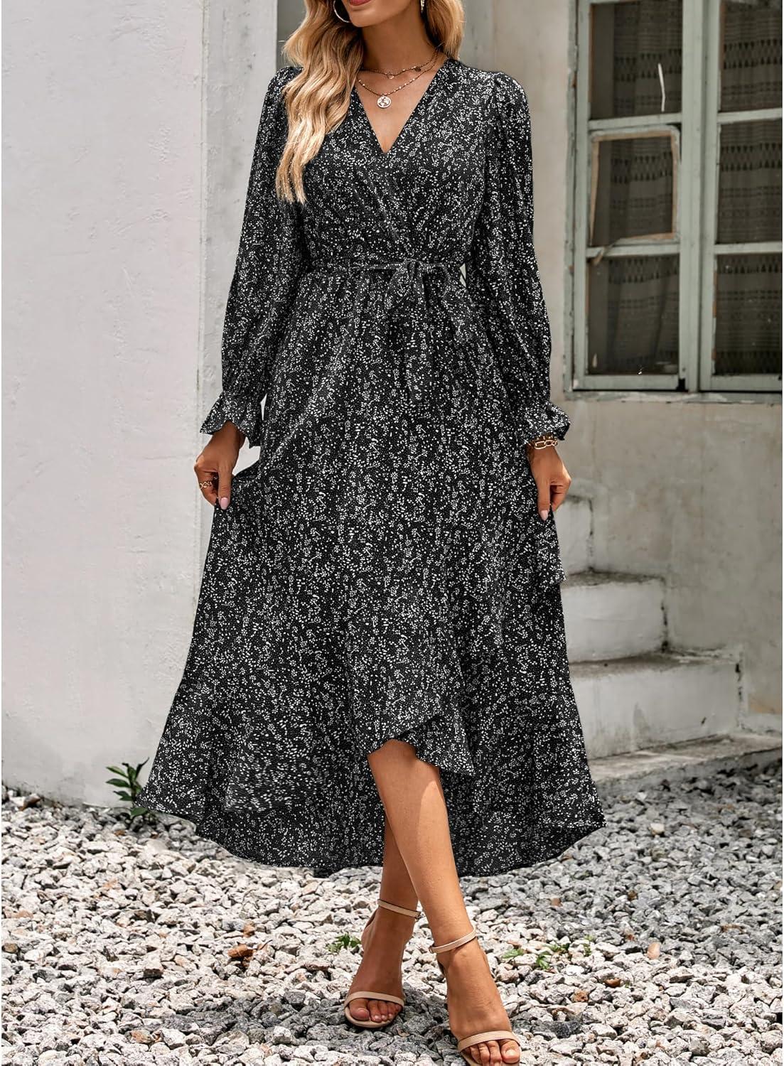 imageBTFBM Womens Dresses Fall Clothes 2025 V Neck Floral High Waist Ruffle Wedding Guest Cocktail Boho Long Sleeve DressFloral Black