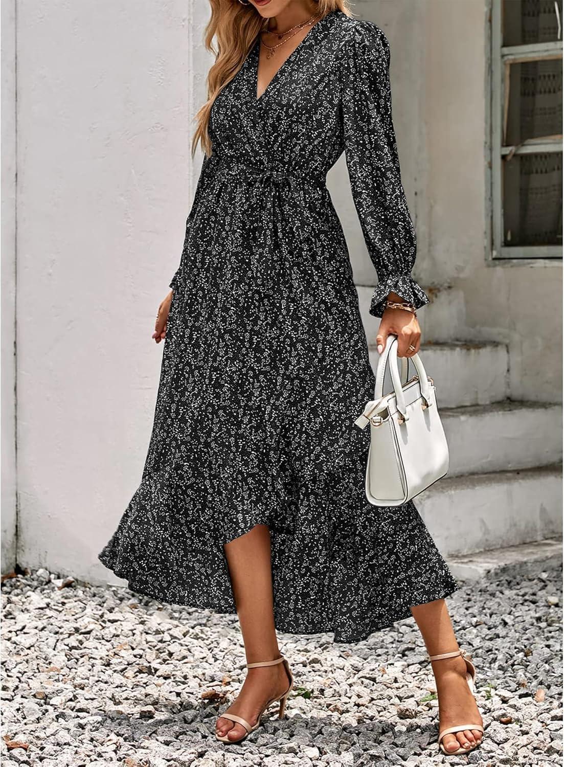 imageBTFBM Womens Dresses Fall Clothes 2025 V Neck Floral High Waist Ruffle Wedding Guest Cocktail Boho Long Sleeve DressFloral Black