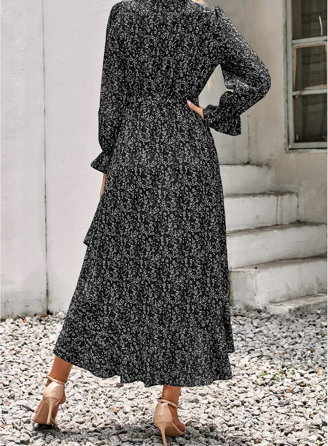 imageBTFBM Womens Dresses Fall Clothes 2025 V Neck Floral High Waist Ruffle Wedding Guest Cocktail Boho Long Sleeve DressFloral Black