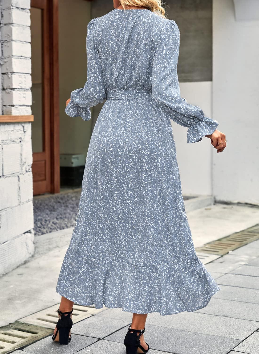 imageBTFBM Womens Dresses Fall Clothes 2025 V Neck Floral High Waist Ruffle Wedding Guest Cocktail Boho Long Sleeve DressFloral Blue