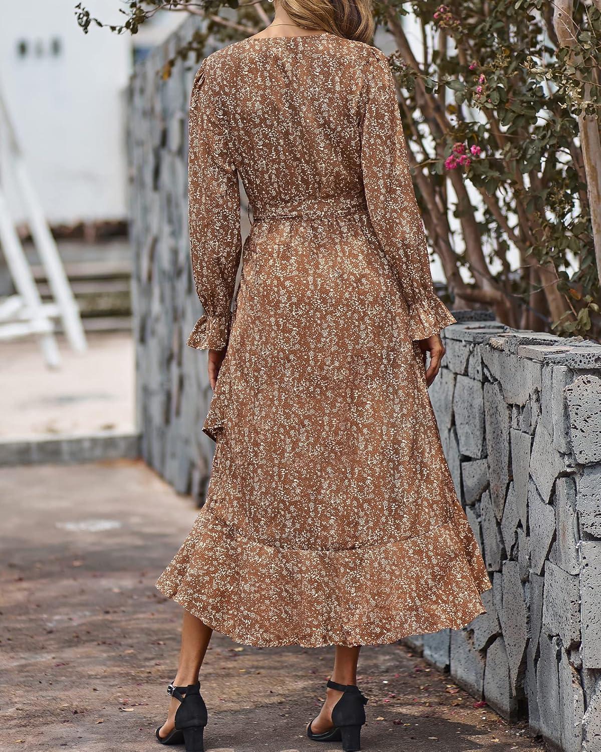 imageBTFBM Womens Dresses Fall Clothes 2025 V Neck Floral High Waist Ruffle Wedding Guest Cocktail Boho Long Sleeve DressFloral Brown