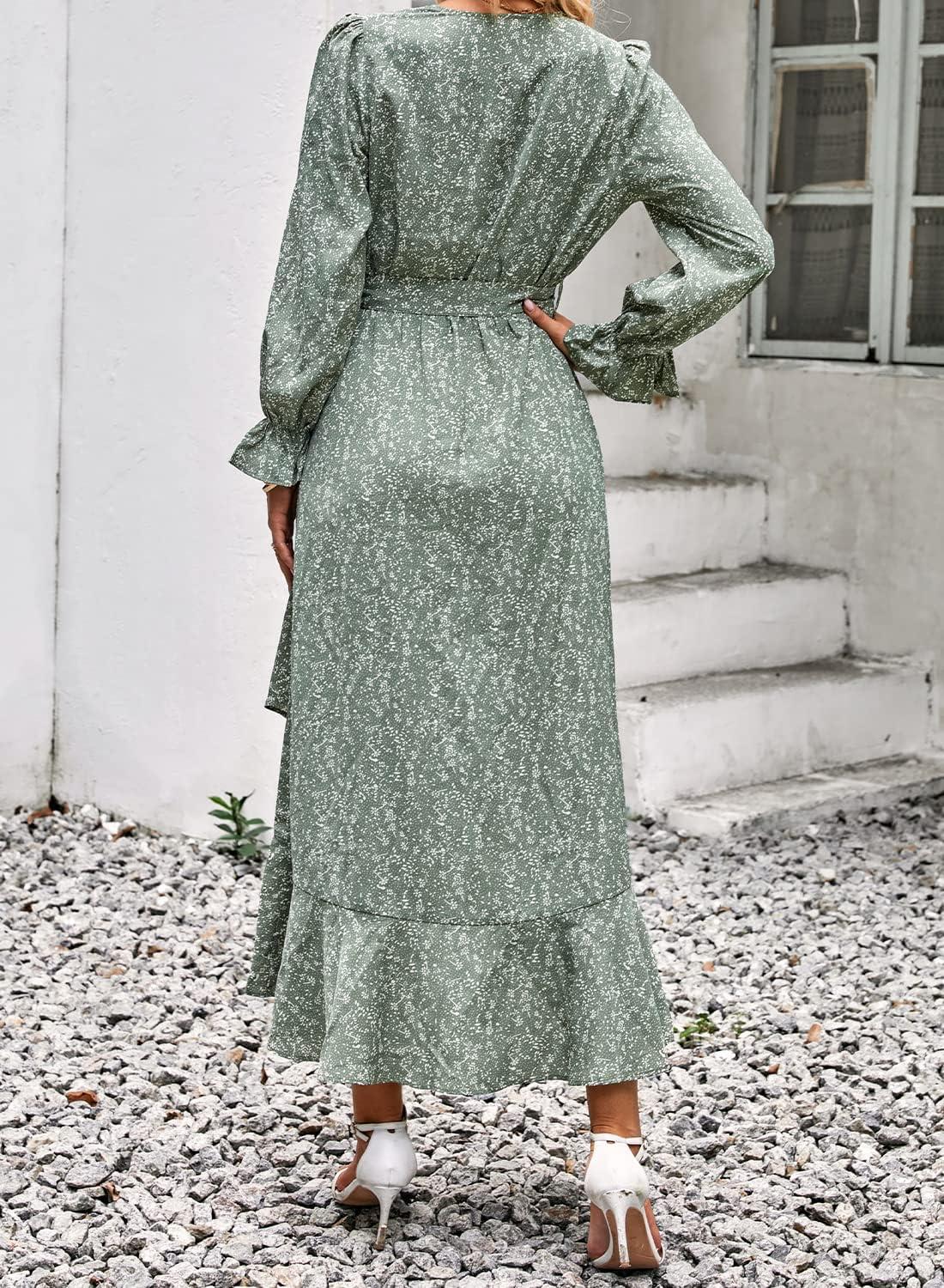imageBTFBM Womens Dresses Fall Clothes 2025 V Neck Floral High Waist Ruffle Wedding Guest Cocktail Boho Long Sleeve DressFloral Green