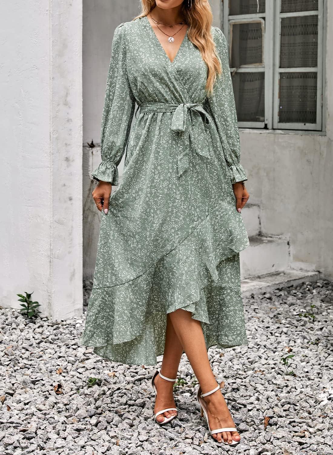 imageBTFBM Womens Dresses Fall Clothes 2025 V Neck Floral High Waist Ruffle Wedding Guest Cocktail Boho Long Sleeve DressFloral Green