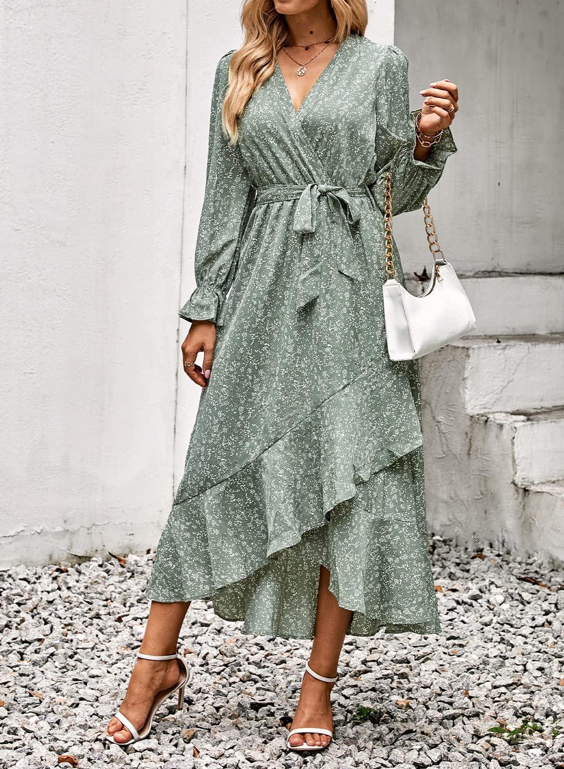 imageBTFBM Womens Dresses Fall Clothes 2025 V Neck Floral High Waist Ruffle Wedding Guest Cocktail Boho Long Sleeve DressFloral Green