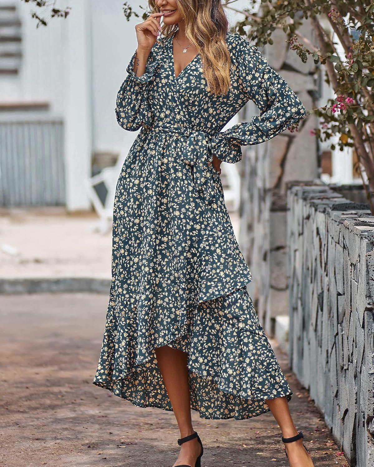 imageBTFBM Womens Dresses Fall Clothes 2025 V Neck Floral High Waist Ruffle Wedding Guest Cocktail Boho Long Sleeve DressFloral Light Blue Apricot