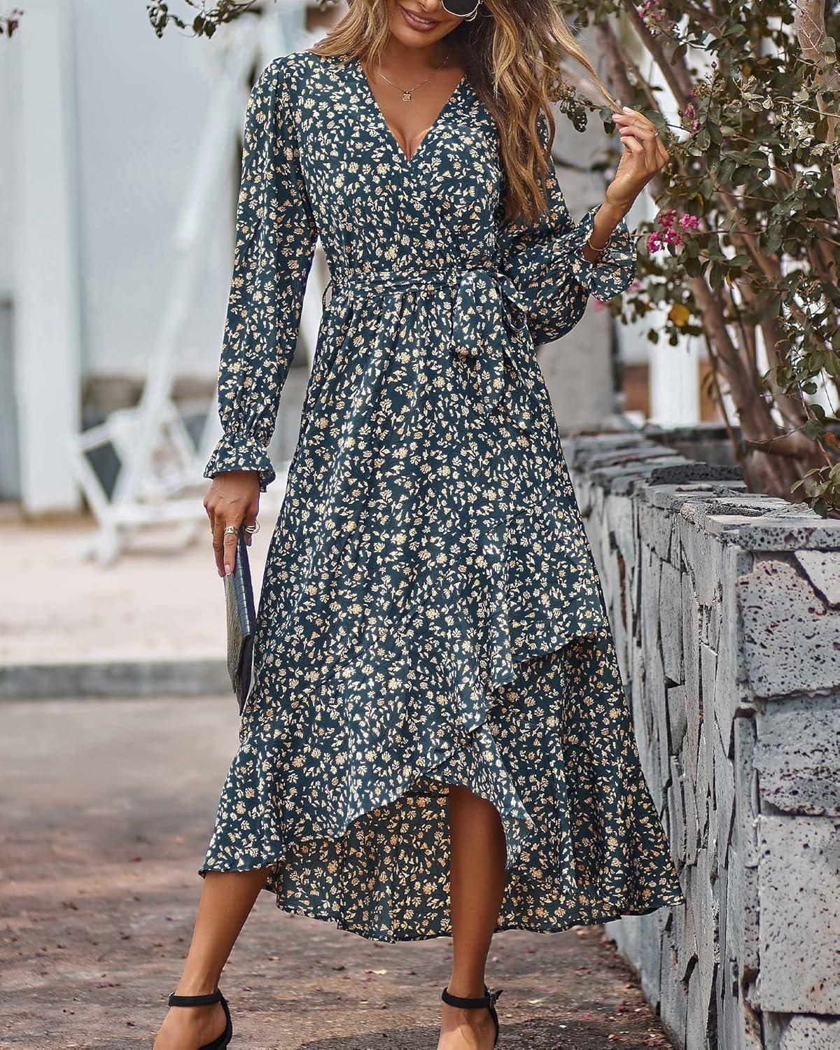 imageBTFBM Womens Dresses Fall Clothes 2025 V Neck Floral High Waist Ruffle Wedding Guest Cocktail Boho Long Sleeve DressFloral Light Blue Apricot
