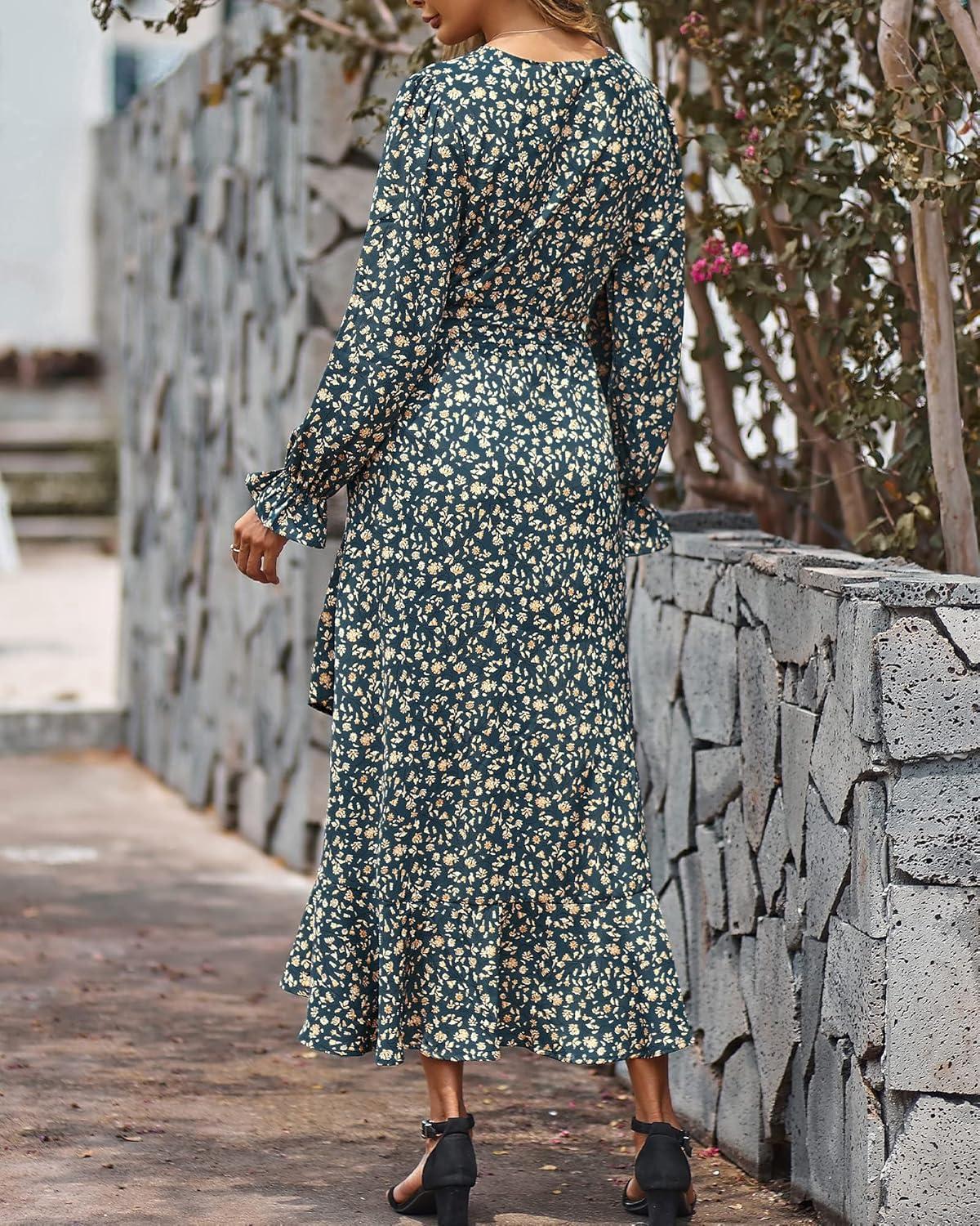imageBTFBM Womens Dresses Fall Clothes 2025 V Neck Floral High Waist Ruffle Wedding Guest Cocktail Boho Long Sleeve DressFloral Light Blue Apricot