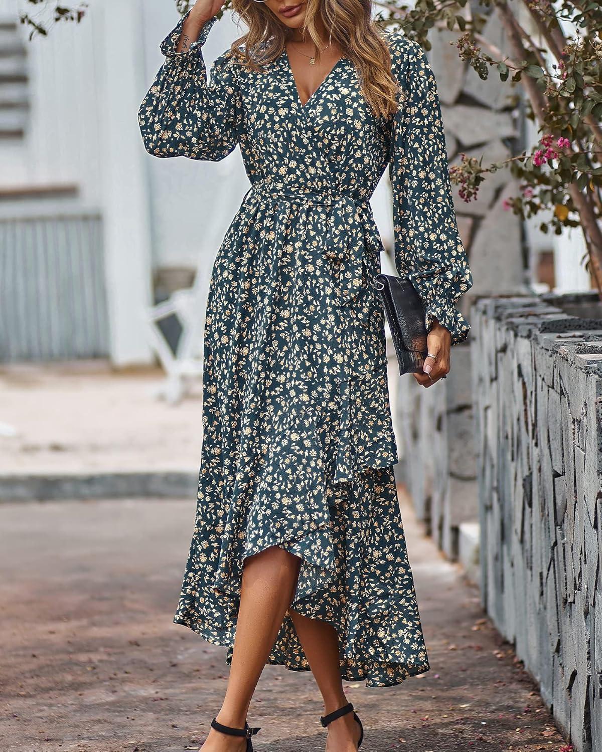 imageBTFBM Womens Dresses Fall Clothes 2025 V Neck Floral High Waist Ruffle Wedding Guest Cocktail Boho Long Sleeve DressFloral Light Blue Apricot
