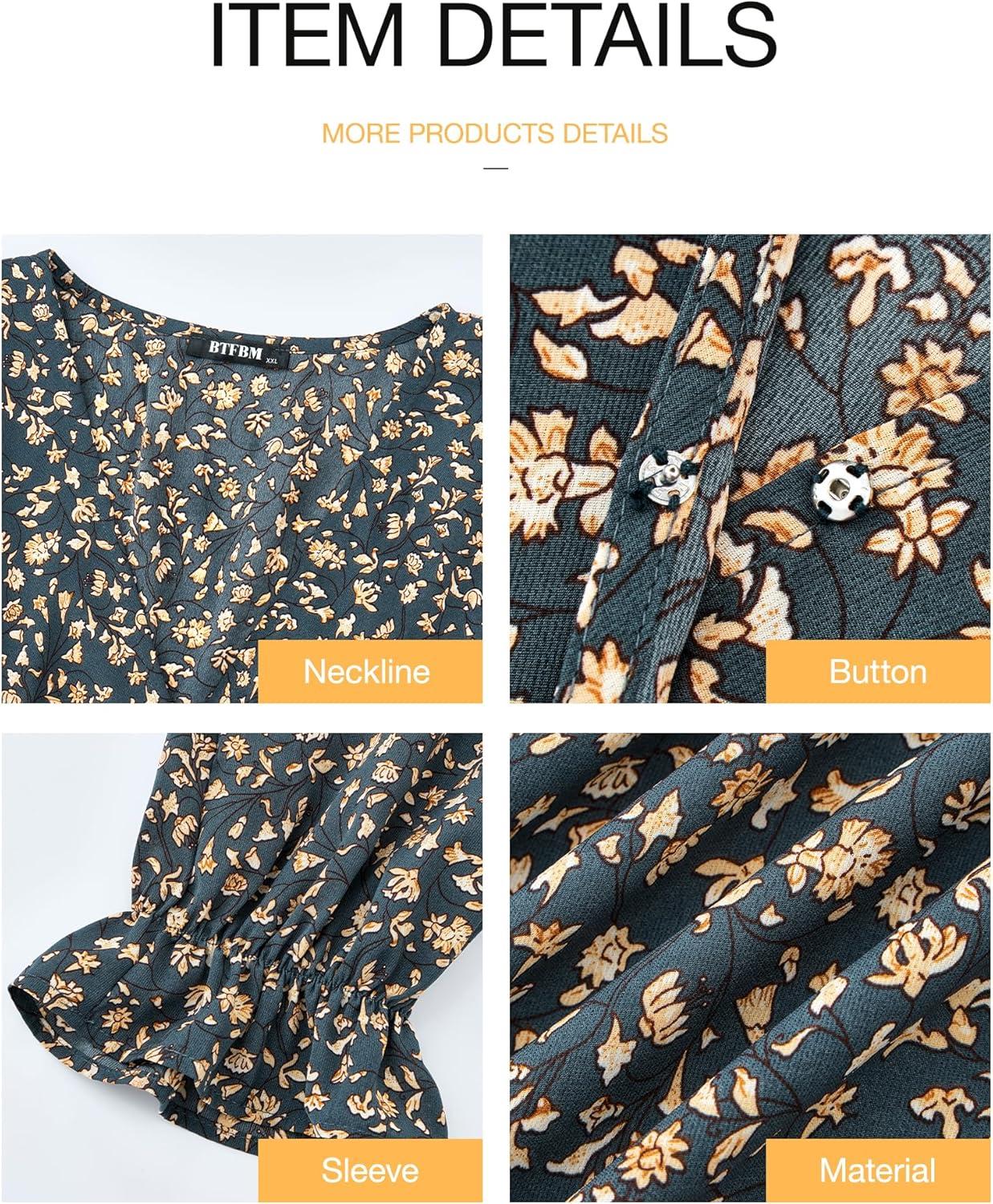 imageBTFBM Womens Dresses Fall Clothes 2025 V Neck Floral High Waist Ruffle Wedding Guest Cocktail Boho Long Sleeve DressFloral Light Blue Apricot