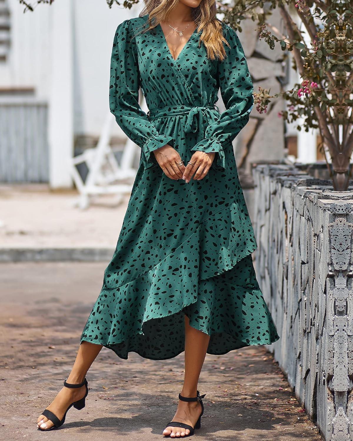 imageBTFBM Womens Dresses Fall Clothes 2025 V Neck Floral High Waist Ruffle Wedding Guest Cocktail Boho Long Sleeve DressLeopard Dot Green