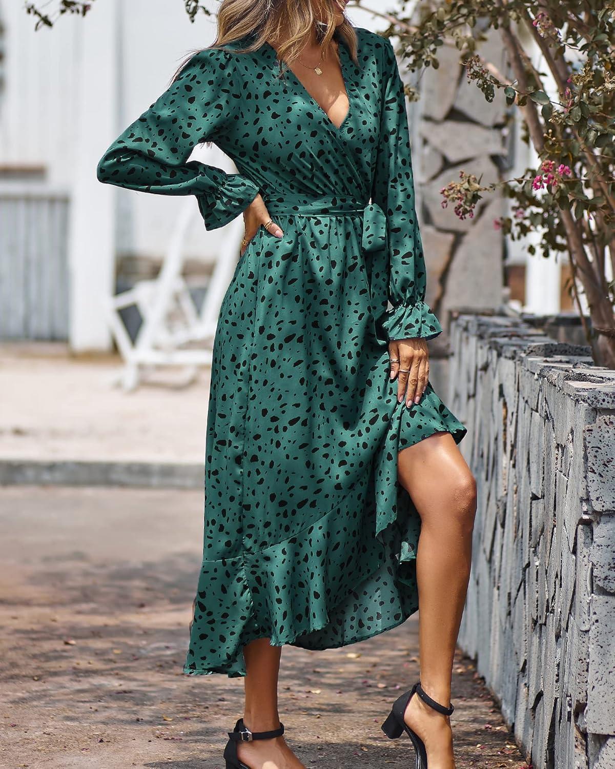 imageBTFBM Womens Dresses Fall Clothes 2025 V Neck Floral High Waist Ruffle Wedding Guest Cocktail Boho Long Sleeve DressLeopard Dot Green