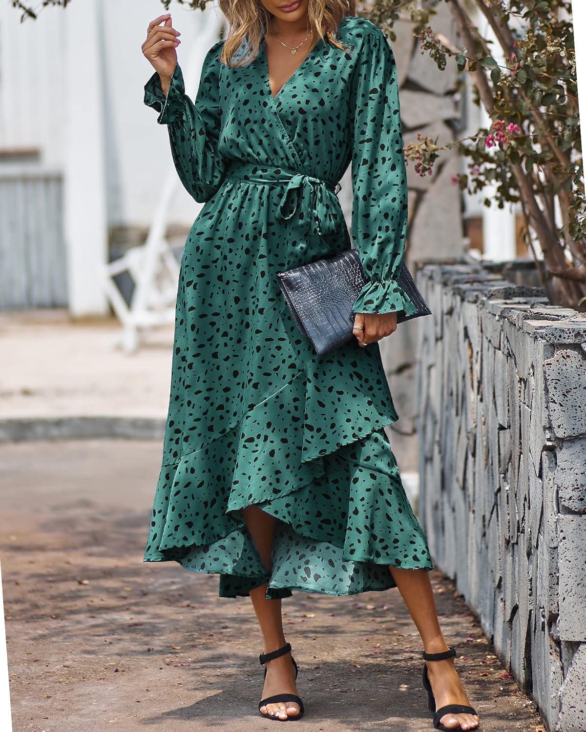 imageBTFBM Womens Dresses Fall Clothes 2025 V Neck Floral High Waist Ruffle Wedding Guest Cocktail Boho Long Sleeve DressLeopard Dot Green