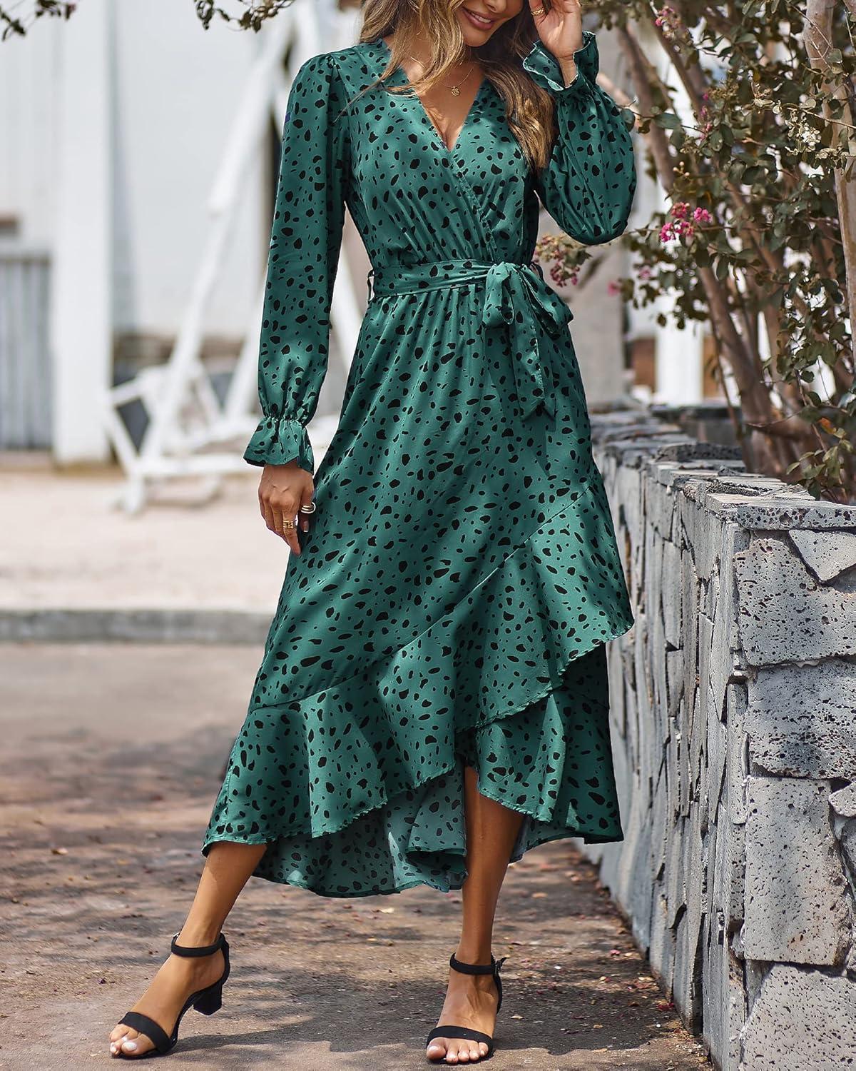 imageBTFBM Womens Dresses Fall Clothes 2025 V Neck Floral High Waist Ruffle Wedding Guest Cocktail Boho Long Sleeve DressLeopard Dot Green