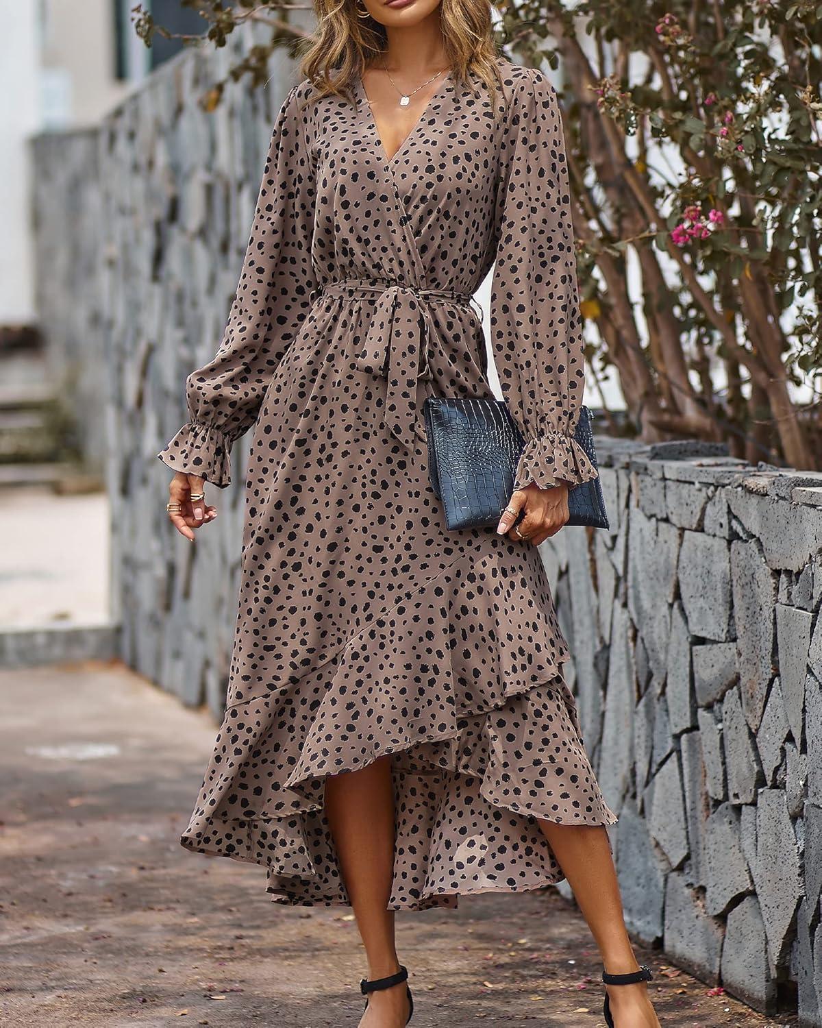 imageBTFBM Womens Dresses Fall Clothes 2025 V Neck Floral High Waist Ruffle Wedding Guest Cocktail Boho Long Sleeve DressLeopard Dot Light Khaki