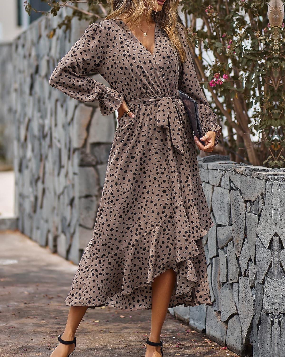 imageBTFBM Womens Dresses Fall Clothes 2025 V Neck Floral High Waist Ruffle Wedding Guest Cocktail Boho Long Sleeve DressLeopard Dot Light Khaki