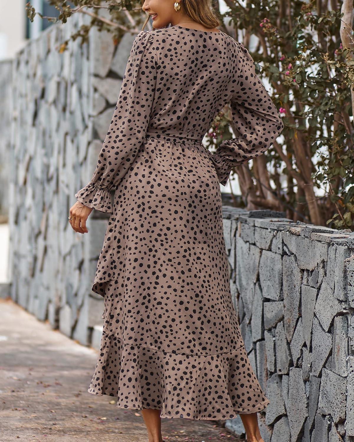 imageBTFBM Womens Dresses Fall Clothes 2025 V Neck Floral High Waist Ruffle Wedding Guest Cocktail Boho Long Sleeve DressLeopard Dot Light Khaki
