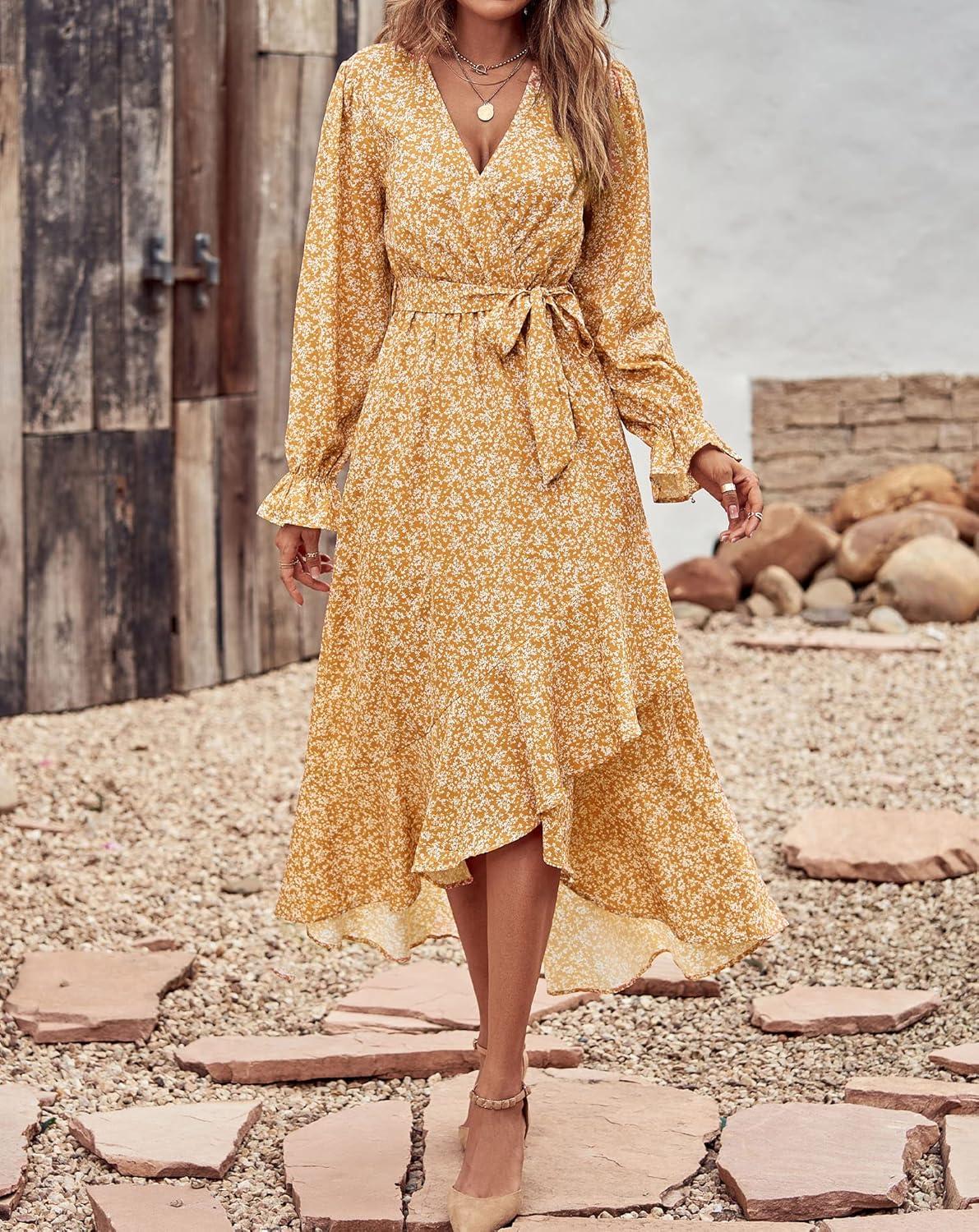 imageBTFBM Womens Dresses Fall Clothes 2025 V Neck Floral High Waist Ruffle Wedding Guest Cocktail Boho Long Sleeve DressWhite Floral Yellow