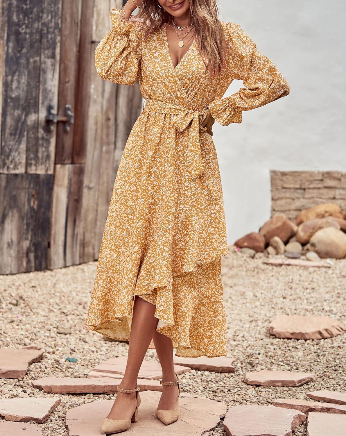imageBTFBM Womens Dresses Fall Clothes 2025 V Neck Floral High Waist Ruffle Wedding Guest Cocktail Boho Long Sleeve DressWhite Floral Yellow