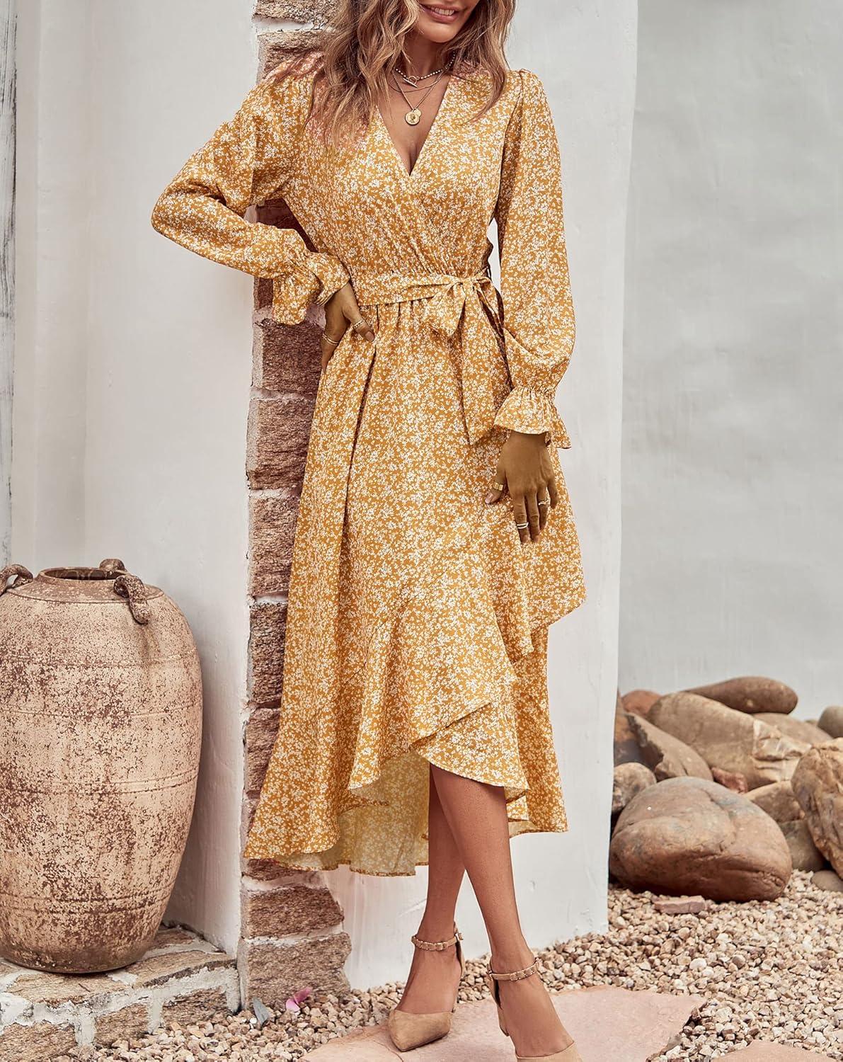 imageBTFBM Womens Dresses Fall Clothes 2025 V Neck Floral High Waist Ruffle Wedding Guest Cocktail Boho Long Sleeve DressWhite Floral Yellow