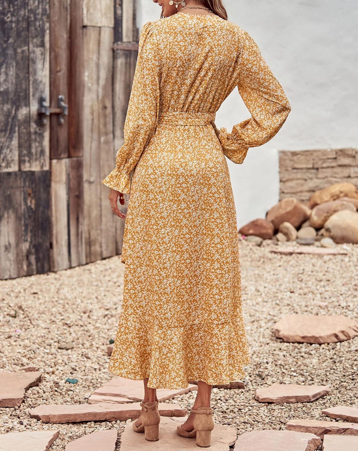 imageBTFBM Womens Dresses Fall Clothes 2025 V Neck Floral High Waist Ruffle Wedding Guest Cocktail Boho Long Sleeve DressWhite Floral Yellow