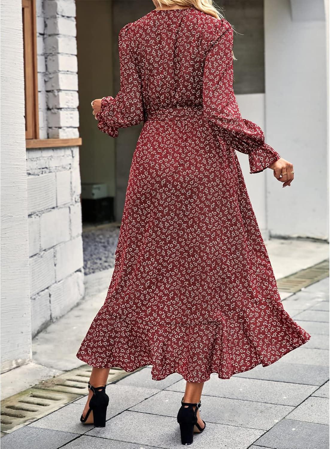 imageBTFBM Womens Dresses Fall Clothes 2025 V Neck Floral High Waist Ruffle Wedding Guest Cocktail Boho Long Sleeve DressWine RedWhite