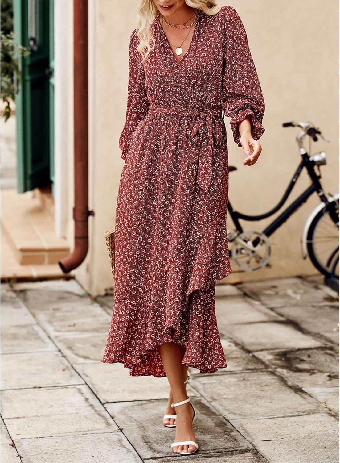 imageBTFBM Womens Dresses Fall Clothes 2025 V Neck Floral High Waist Ruffle Wedding Guest Cocktail Boho Long Sleeve DressWine RedWhite