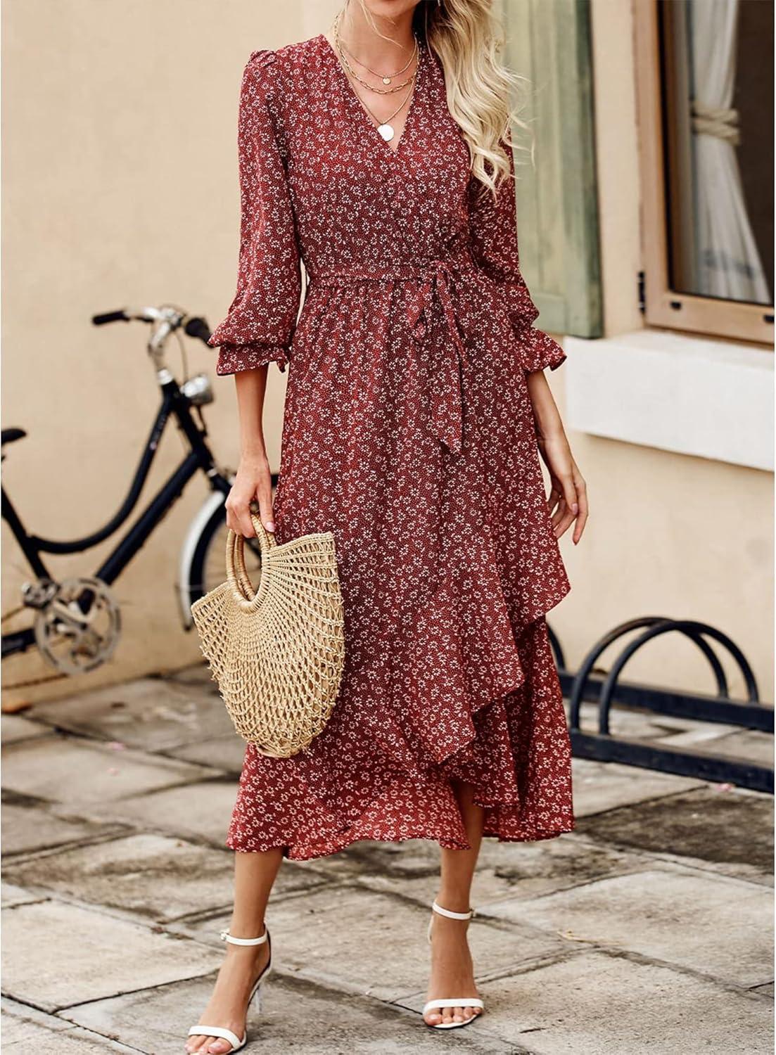 imageBTFBM Womens Dresses Fall Clothes 2025 V Neck Floral High Waist Ruffle Wedding Guest Cocktail Boho Long Sleeve DressWine RedWhite