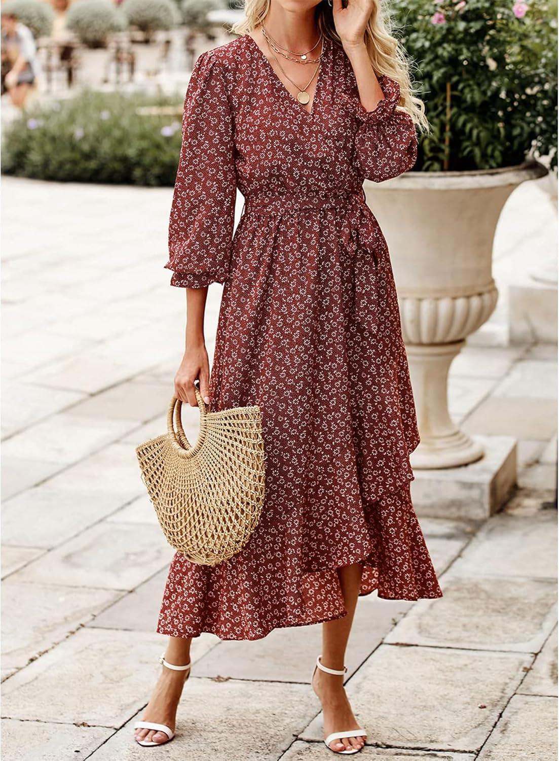 imageBTFBM Womens Dresses Fall Clothes 2025 V Neck Floral High Waist Ruffle Wedding Guest Cocktail Boho Long Sleeve DressWine RedWhite