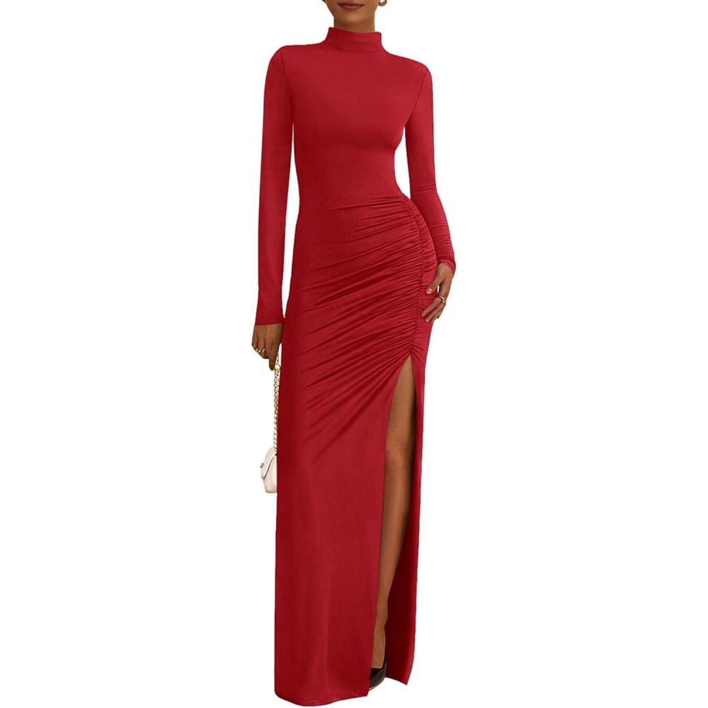 imageBTFBM Formal Dresses for Women 2025 Fall Long Sleeve Mock Neck Ruched Bodycon Slit Maxi Wedding Guest Dress CocktailRed