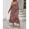 imageBTFBM Womens Dresses Fall Clothes 2025 V Neck Floral High Waist Ruffle Wedding Guest Cocktail Boho Long Sleeve DressBig Floral Wine Red