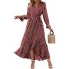 imageBTFBM Womens Dresses Fall Clothes 2025 V Neck Floral High Waist Ruffle Wedding Guest Cocktail Boho Long Sleeve DressWine RedWhite