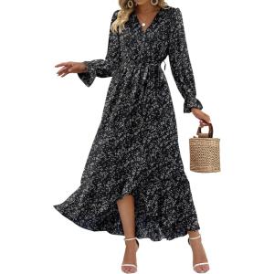 imageBTFBM Womens Dresses Fall Clothes 2025 V Neck Floral High Waist Ruffle Wedding Guest Cocktail Boho Long Sleeve DressFloral Black