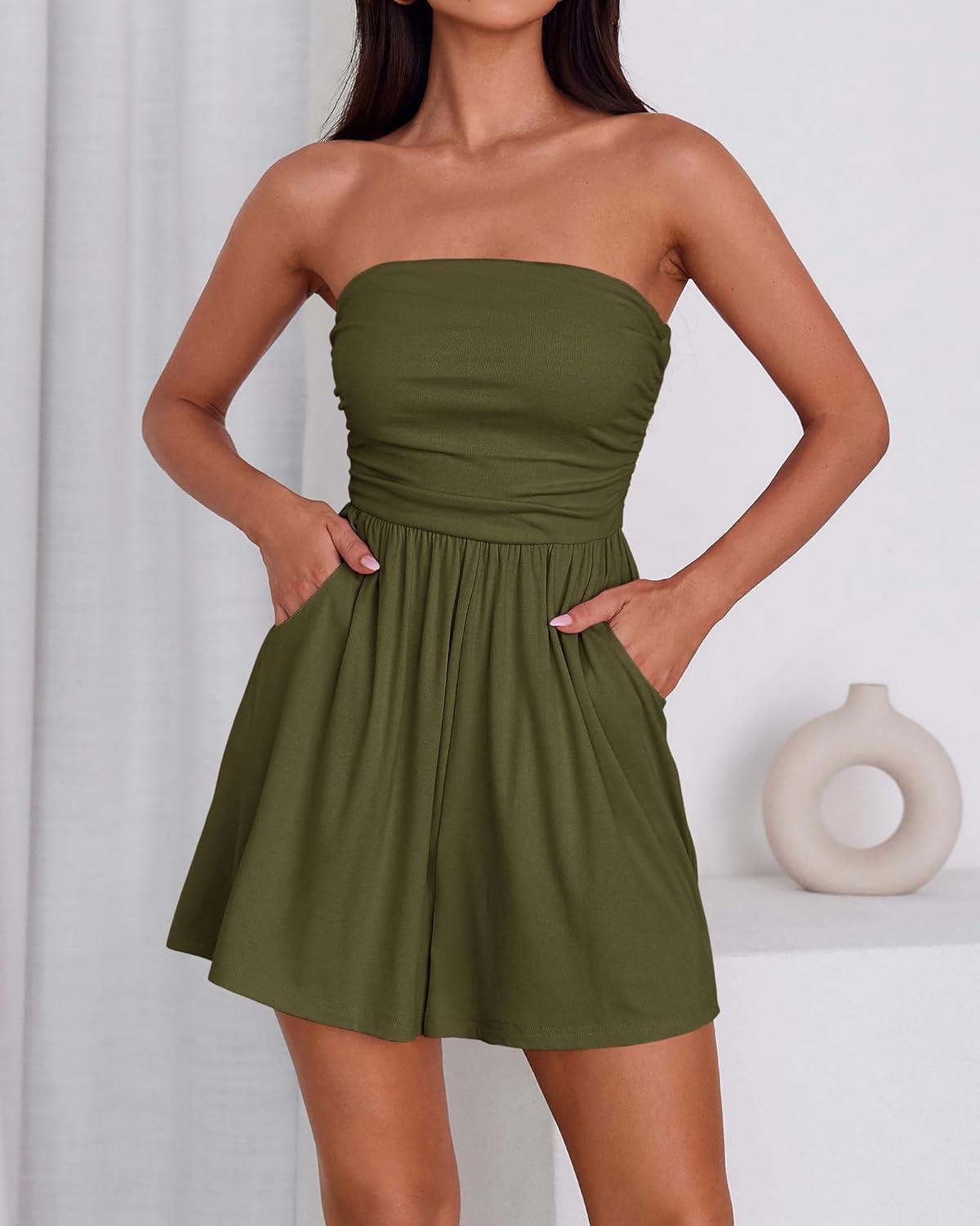 imageBTFBM Summer Womens Romper 2025 Strapless Tube Top Beach Vacation Clothes Ruffle Boho Loose Shorts Jumpsuits PocketsArmy Green