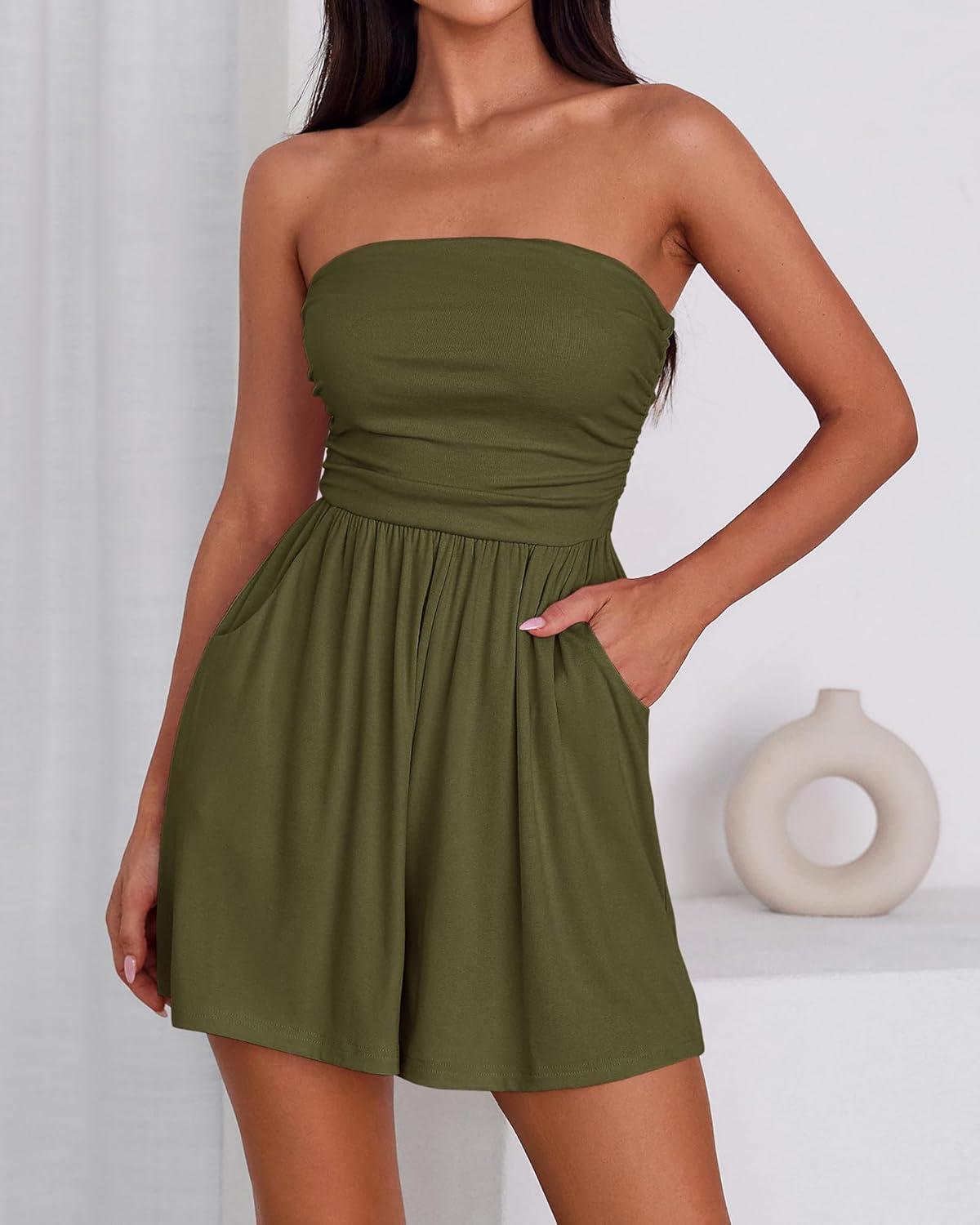 imageBTFBM Summer Womens Romper 2025 Strapless Tube Top Beach Vacation Clothes Ruffle Boho Loose Shorts Jumpsuits PocketsArmy Green