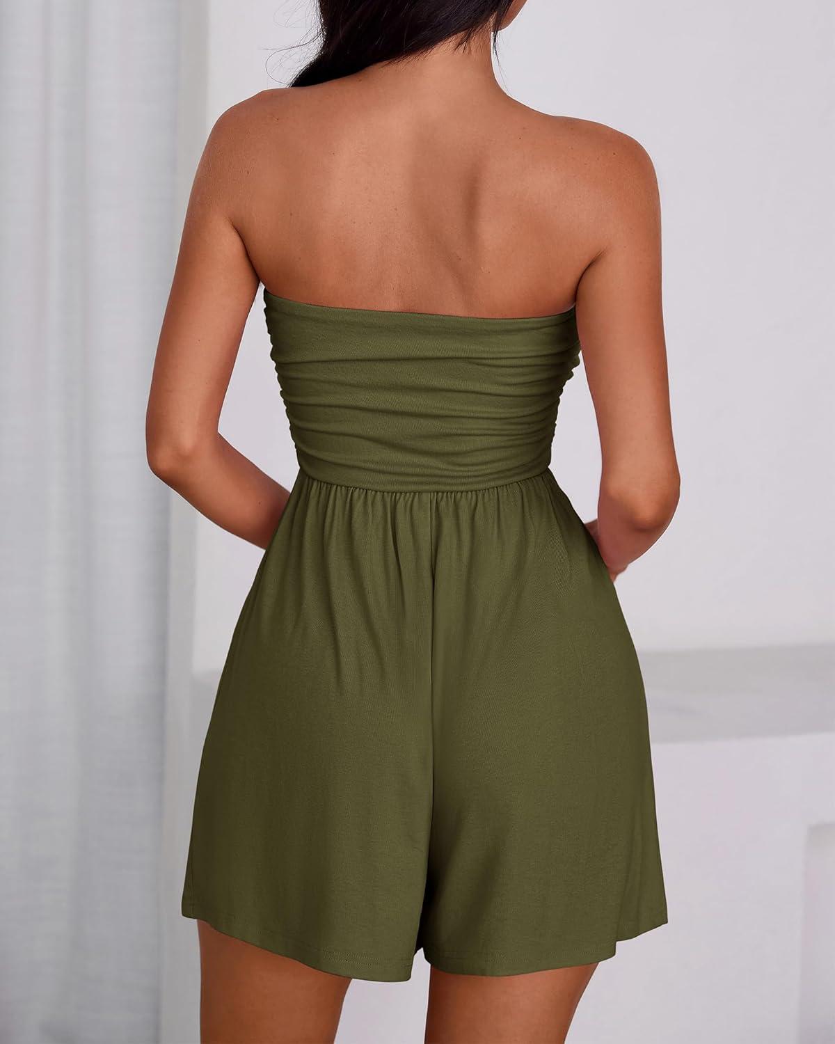 imageBTFBM Summer Womens Romper 2025 Strapless Tube Top Beach Vacation Clothes Ruffle Boho Loose Shorts Jumpsuits PocketsArmy Green
