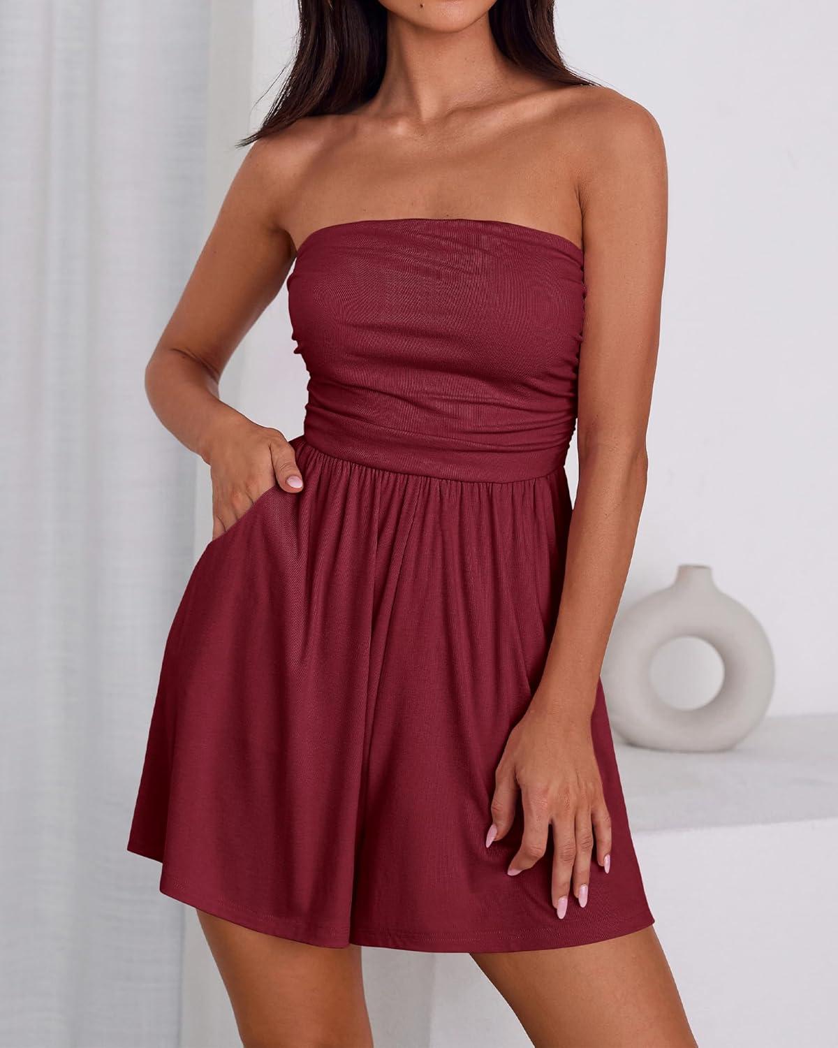 imageBTFBM Summer Womens Romper 2025 Strapless Tube Top Beach Vacation Clothes Ruffle Boho Loose Shorts Jumpsuits PocketsBurgundy