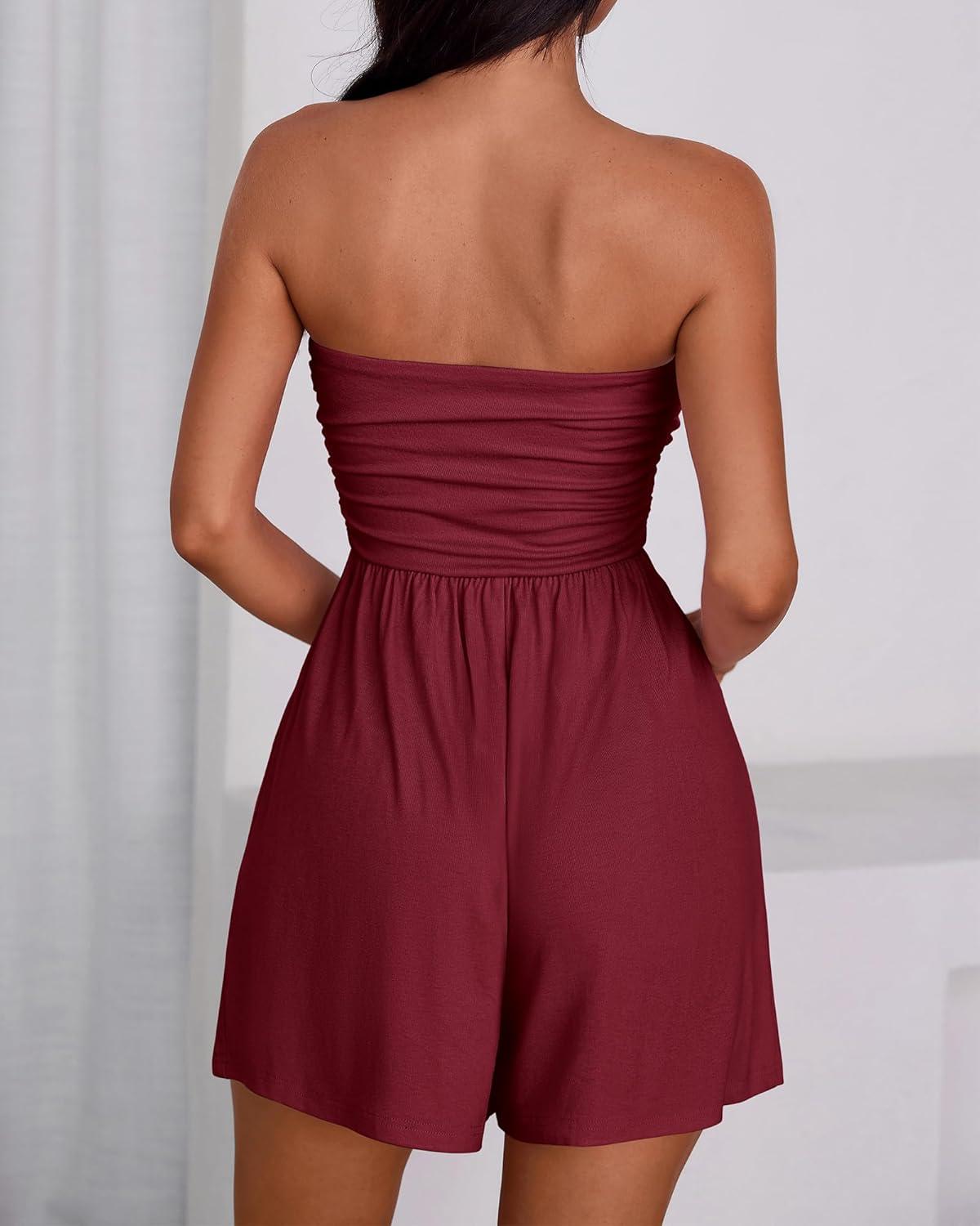 imageBTFBM Summer Womens Romper 2025 Strapless Tube Top Beach Vacation Clothes Ruffle Boho Loose Shorts Jumpsuits PocketsBurgundy