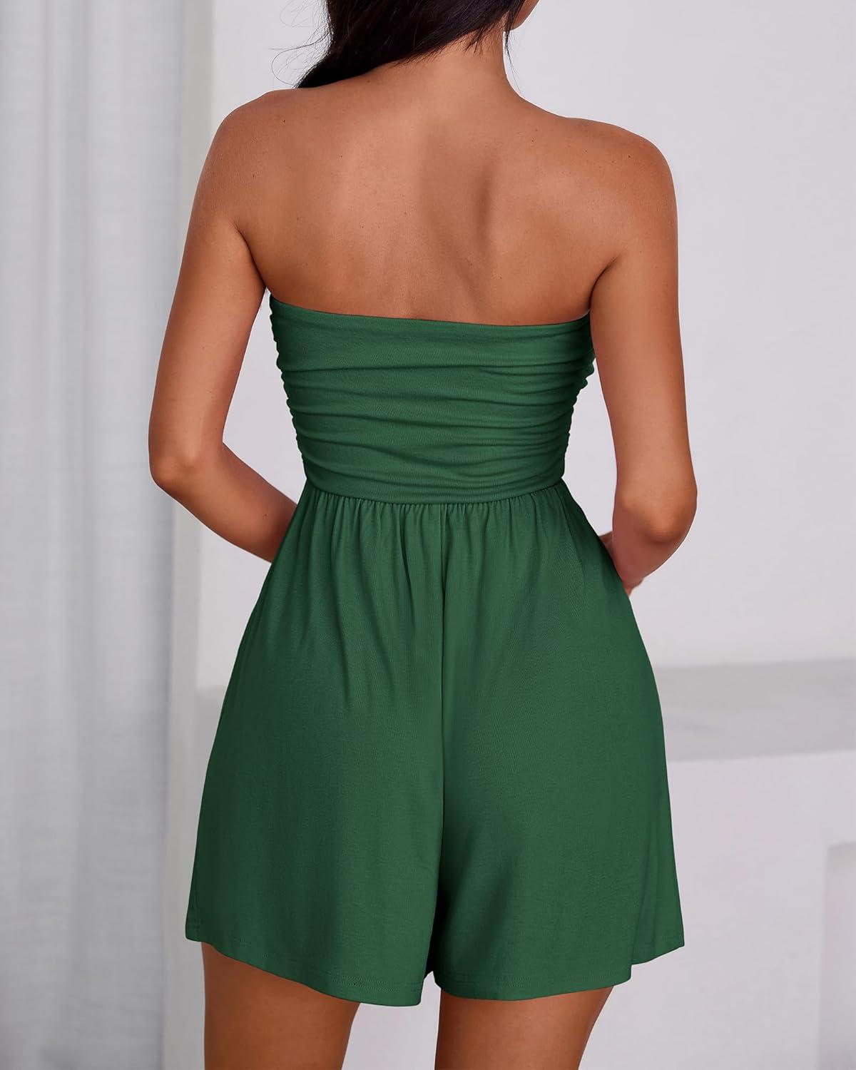 imageBTFBM Summer Womens Romper 2025 Strapless Tube Top Beach Vacation Clothes Ruffle Boho Loose Shorts Jumpsuits PocketsGreen