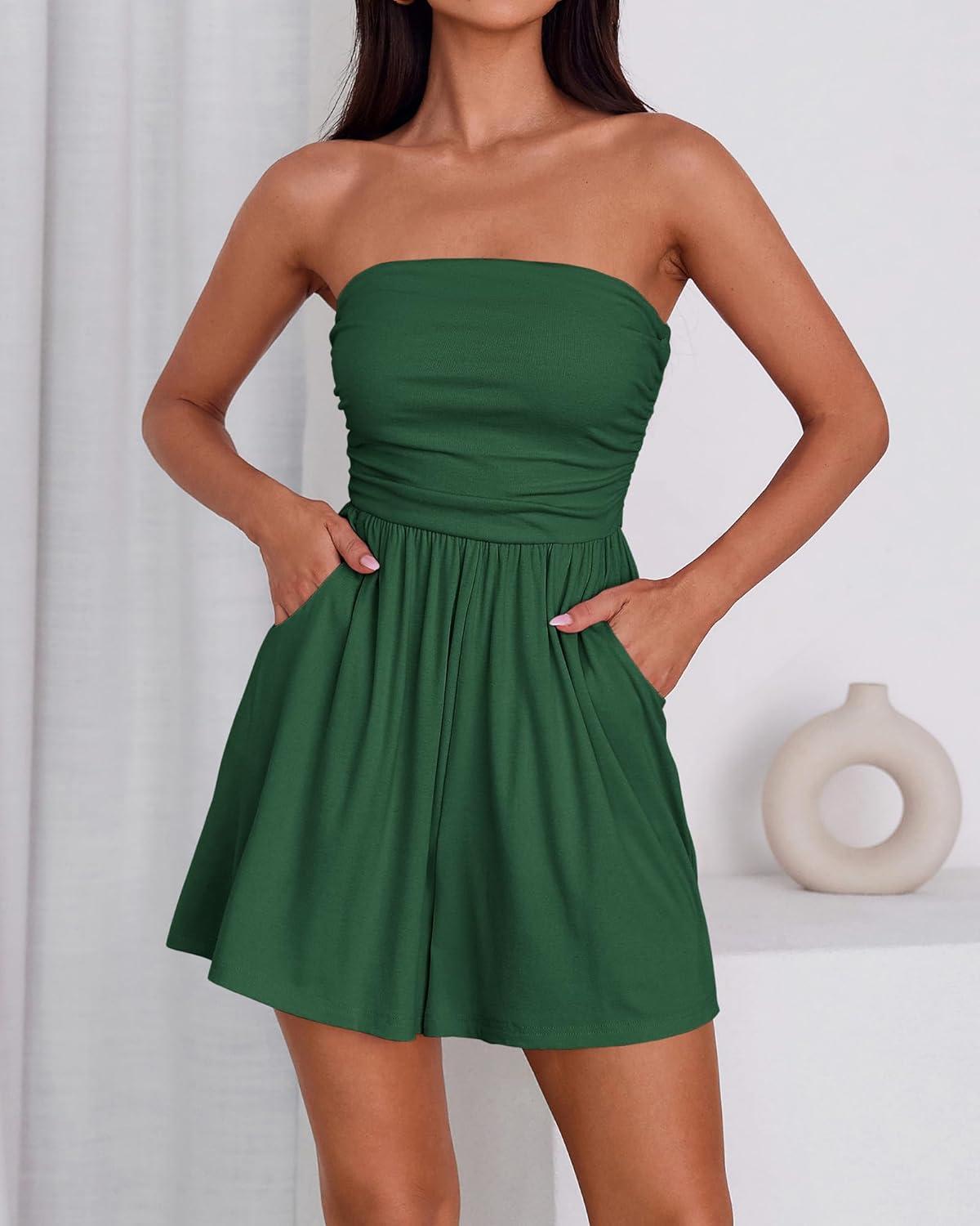 imageBTFBM Summer Womens Romper 2025 Strapless Tube Top Beach Vacation Clothes Ruffle Boho Loose Shorts Jumpsuits PocketsGreen