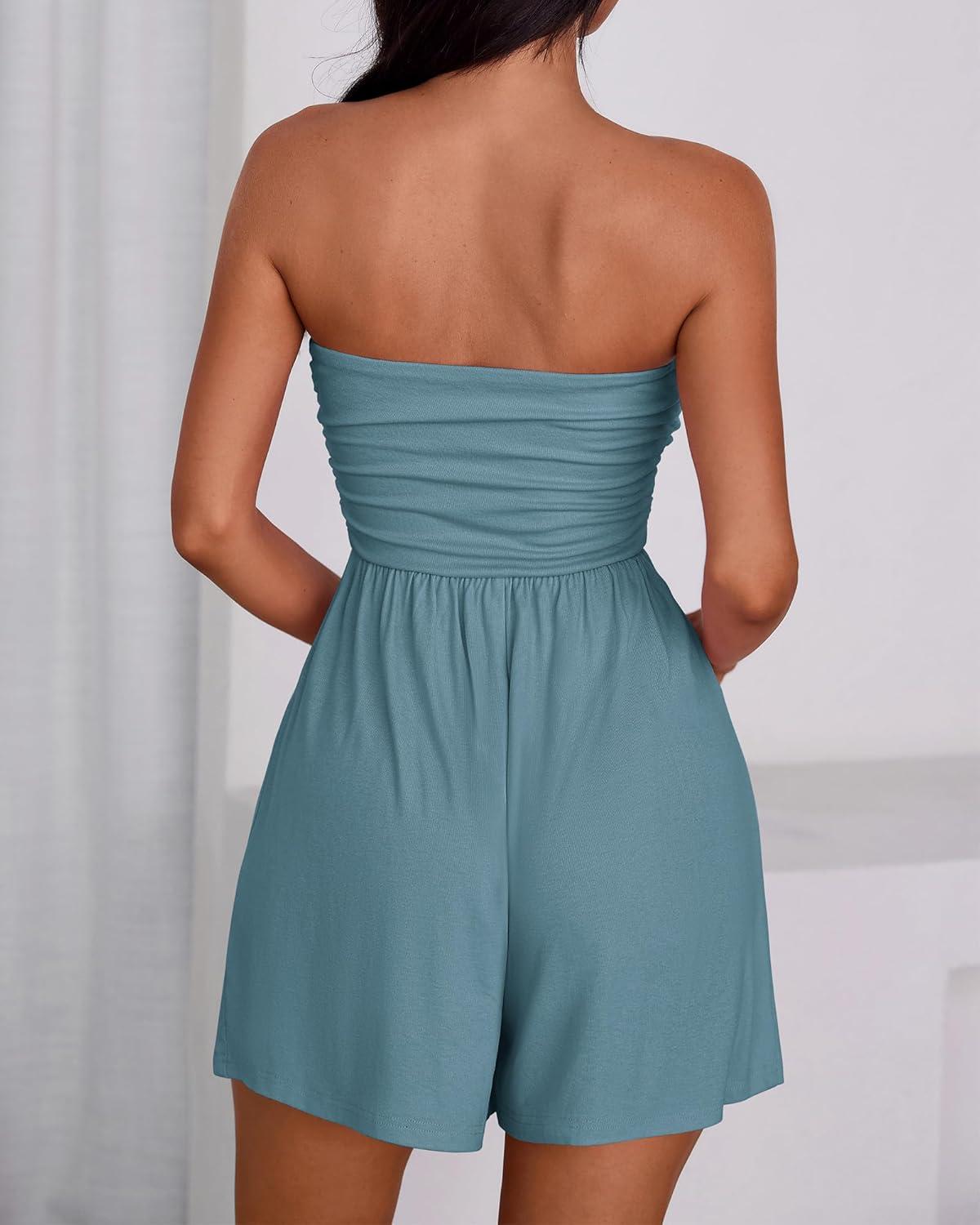 imageBTFBM Summer Womens Romper 2025 Strapless Tube Top Beach Vacation Clothes Ruffle Boho Loose Shorts Jumpsuits PocketsGrey Blue