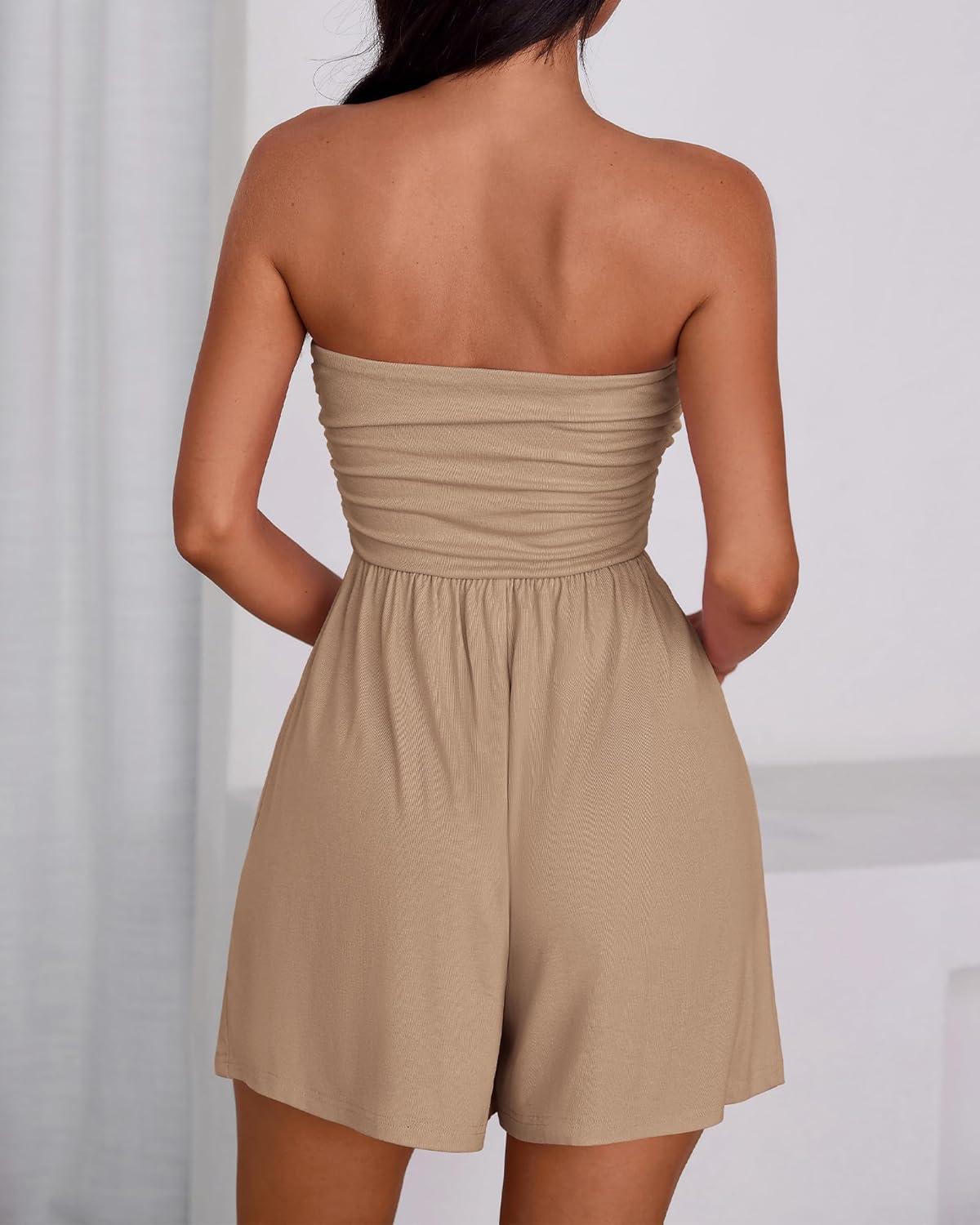 imageBTFBM Summer Womens Romper 2025 Strapless Tube Top Beach Vacation Clothes Ruffle Boho Loose Shorts Jumpsuits PocketsKhaki